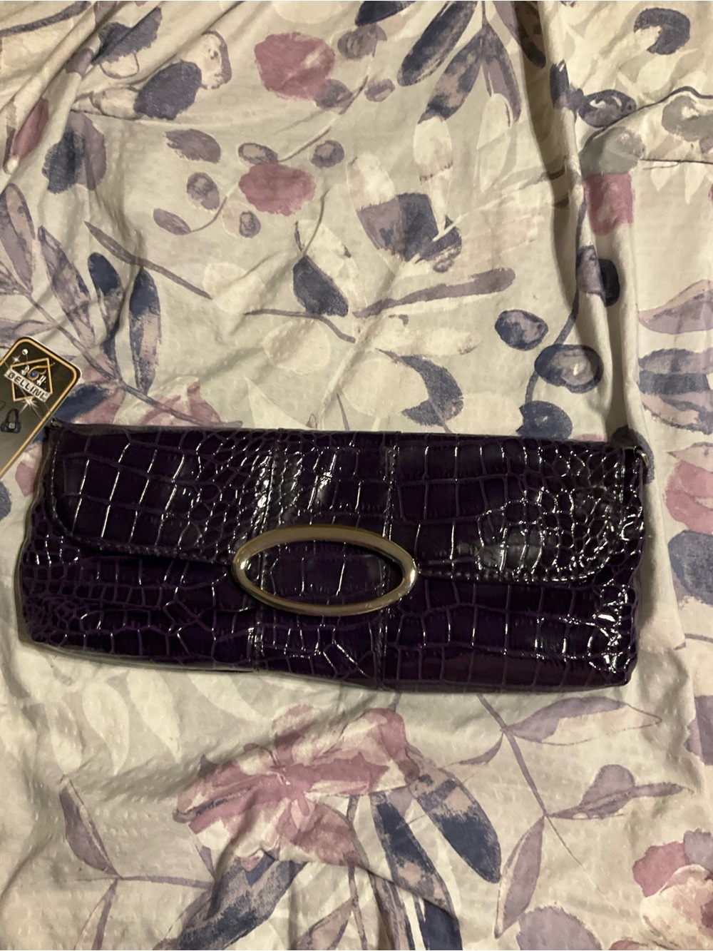 Bellini Purple Croc-Embossed Patent Clutch with Oval Hardware
